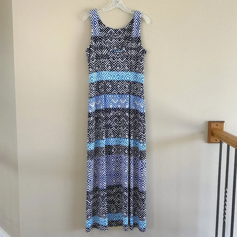 Tommy Bahama Mayan Maze Sleeveless Blue Print Maxi Dress Tropical Vacation - Picture 4 of 7